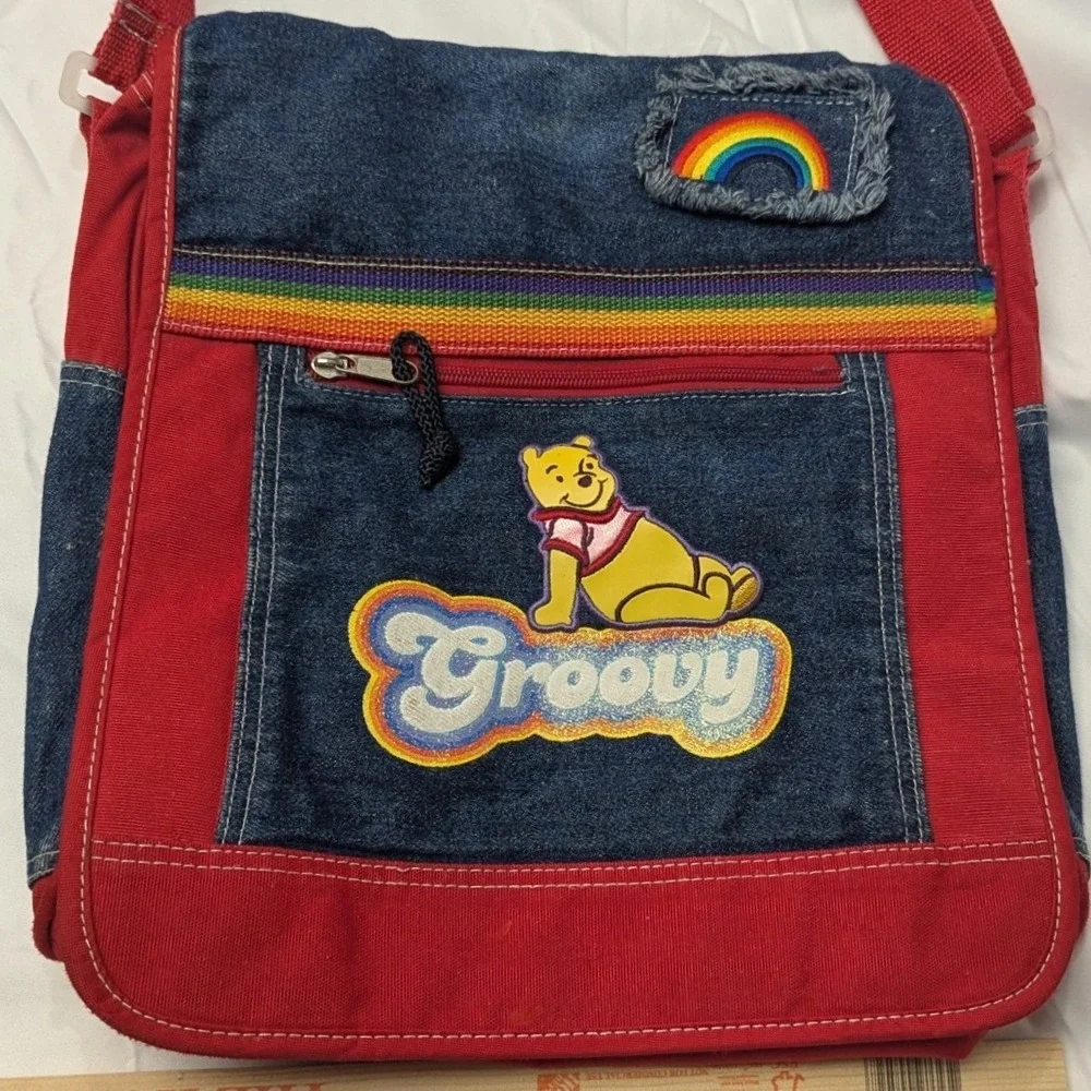 Y2K Disney Winnie the Pooh Messenger Bag Red Denim Groovy Rainbow OS 90's 2000s